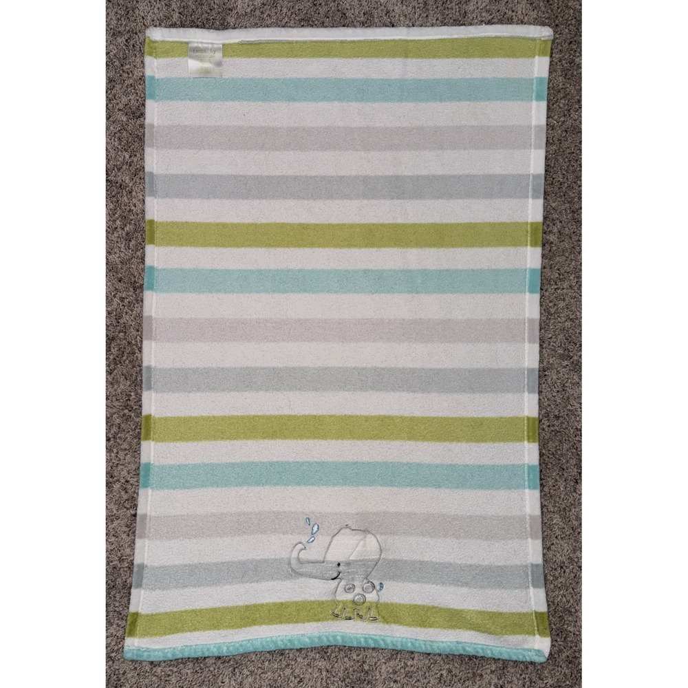 Lambs & Ivy Blue Green Gray Stripe Baby Blanket‎ Gray Elephant 3D Ear 30"x39" - Picture 3 of 5